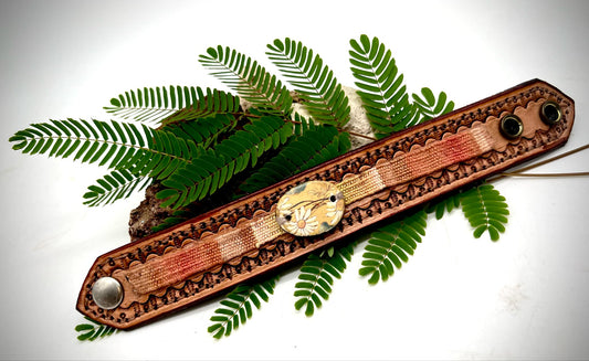 Leather Cuff Bracelet with Ceramic Daisy