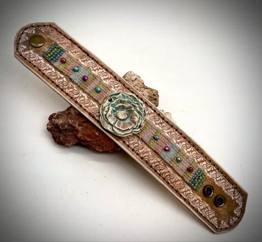 Leather Cuff Bracelet with Ceramic Flower