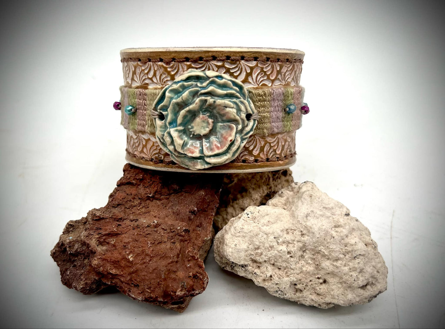 Leather Cuff Bracelet with Ceramic Flower