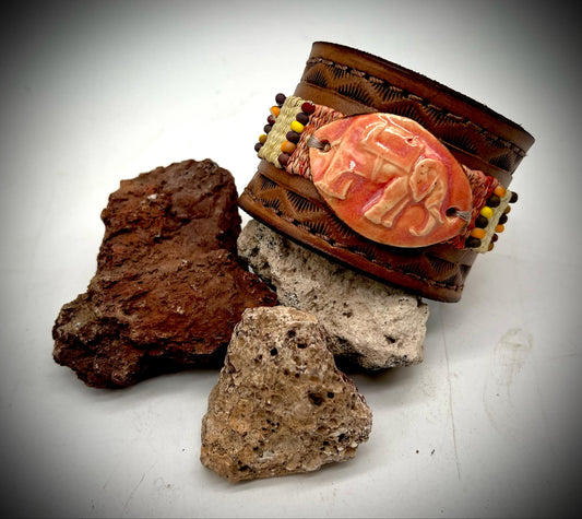 Leather Cuff Bracelet with Ceramic Elephant