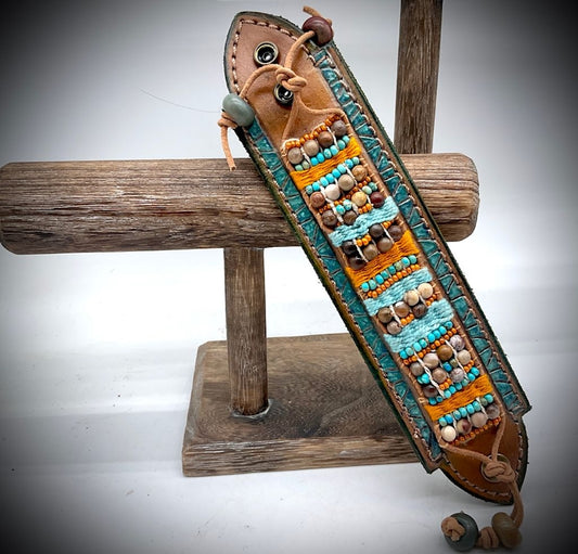 Tan Cuff Bracelet With Turquoise Tooled Pattern