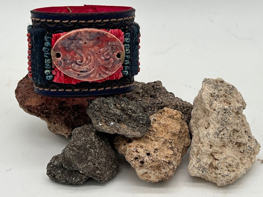 Hand-Tooled, Hand-Woven Navy Leather Cuff