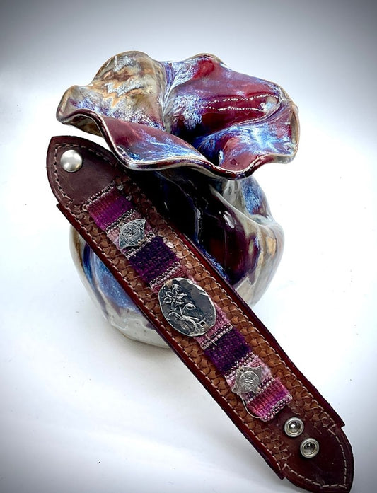 Hand-woven, hand-tooled leather cuff bracelet