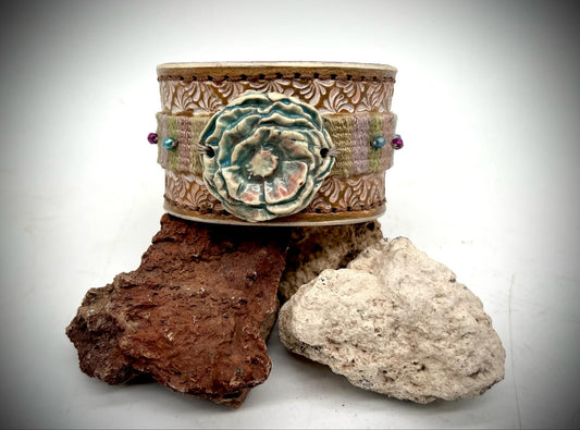 Leather Cuff Bracelet with Ceramic Flower