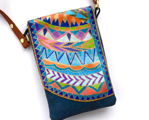 Leather cross body, Boho fashion shoulder bag,  hand crafted MIni Bag, handpainted minibag