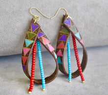 Load image into Gallery viewer, Boho leather earrings, hand painted leather earrings, leather hoop earrings,gift for her, leather and bead earrings,