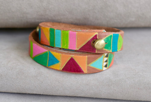 Leather wrap bracelet, hand painted leather cuff, boho jewelry, bohemian bracelet, southwestern wrap bracelet,